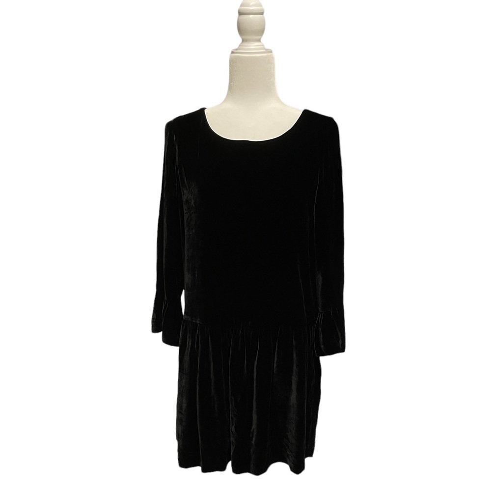 Madewell S Black Viscose Silk Velour Drop Waist Shift Dress Bell Sleeve 77388